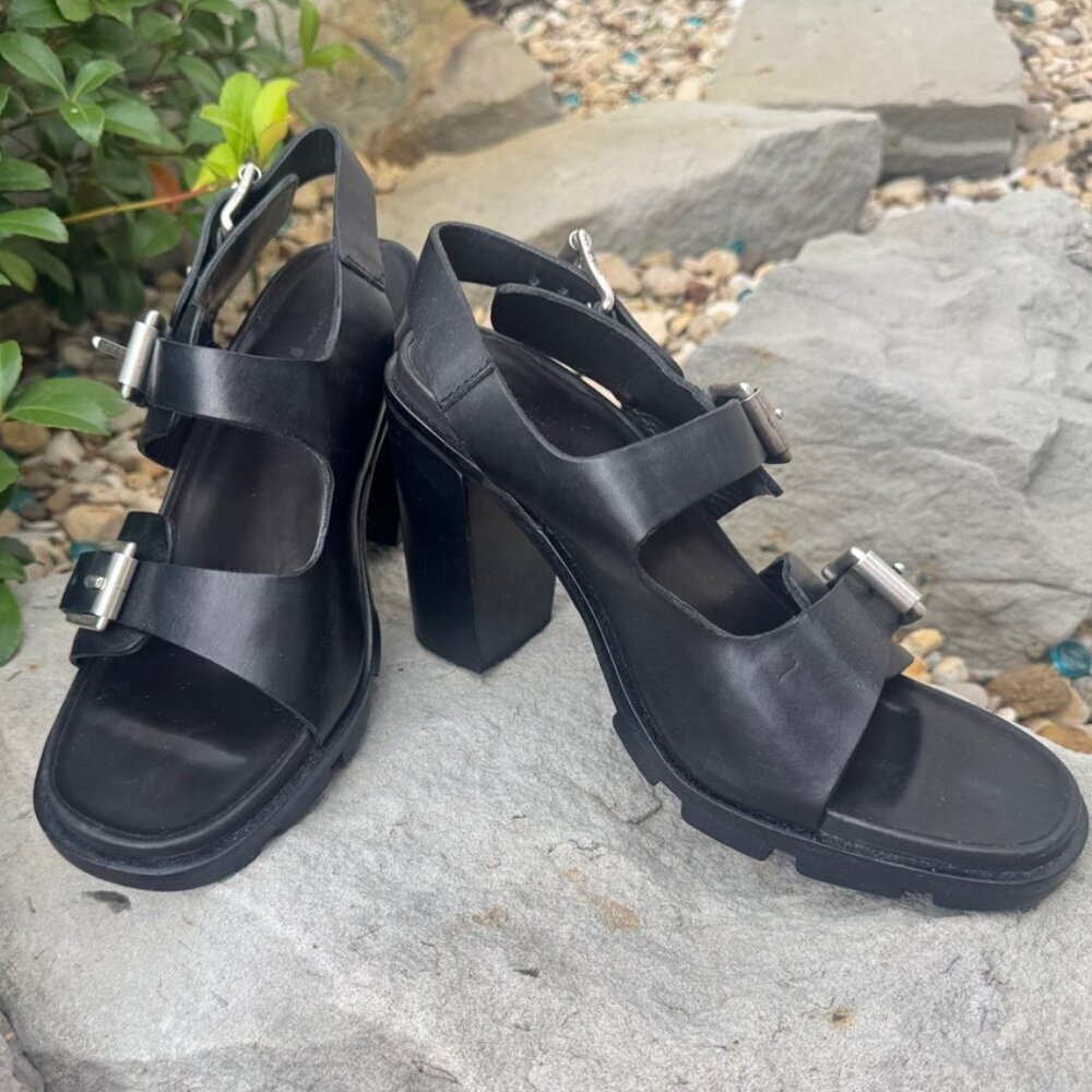 Rag & Bone Baron Chunky Block Heel Triple Buckle Black Sandals Women's Size 9.5